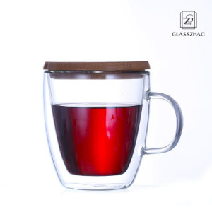 Wholesale New Design Trasparent Double Wall Glass with Wooden Lid