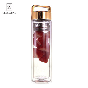 Decorative Insulated Customized Reusable Double Wall Glass Water Bottle with SS Tea Infuser 400ml