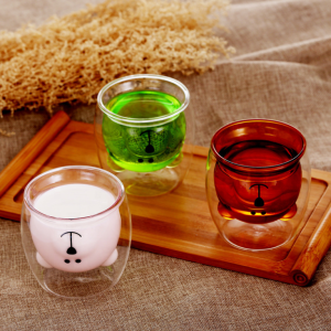 Amazon Hot Sales Creative Cute Bear Double Wall Glass Cup Insulated Amber Pink Clear Lovely Glasses Cups Water Milk Juice Mugs