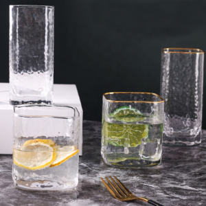 Hot Sale Square Whiskey Glasses Clear Transparent Hammer Design Glass Cups with Gold Rim Custom Best Whisky Glass