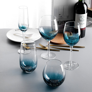 Wholesale Vintage Cracked Ice Pattern Custom Blue Glass Wine Goblets Creative Champagne Glass and Tumbler Glass Cups