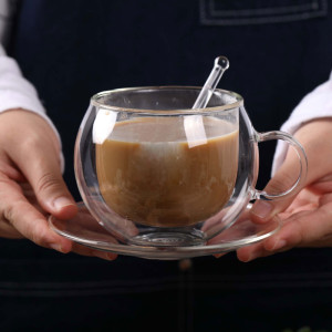 260ml Double Coffee Cups with Handles Transparent High Borosilicate Glass Tea Cup Fashion Lovers Mugs