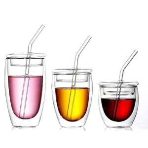 Double Lager Glass Cup with Glass Cover and Straw Large Capacity Heat-resistant Cup with Lid