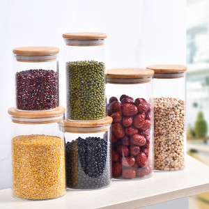 Kitchen 800ml 1000ml Tube Shaped High Borosilicate Glass Storage Jar with Bamboo Lid