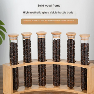 2023 New High Borosilicate Round Bottom Glass Tube for Coffee Beans Spice Display with Airtight Bamboo Lid and Wood Holder
